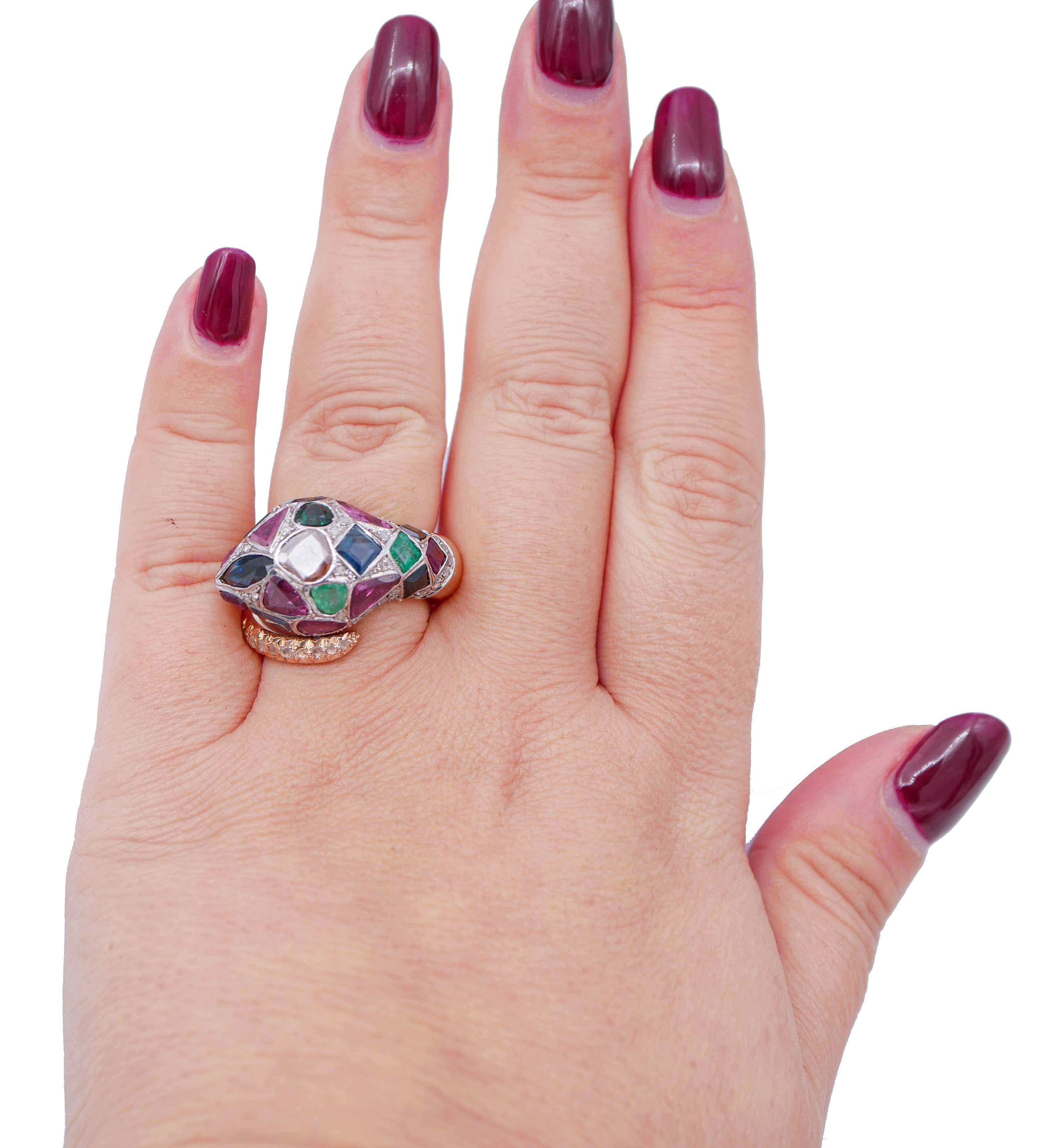 Mixed Cut Emeralds, Rubies, Sapphires, Diamonds, 14 Kt Rose Gold and Silver Snake Ring