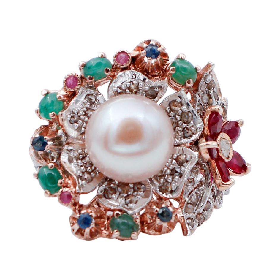 Emeralds, Rubies, Sapphires, Diamonds, Pearl, 9 Kt Rose Gold and Silver Cocktail Ring