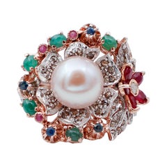 Emeralds, Rubies, Sapphires, Diamonds, Pearl, 9 Kt Rose Gold and Silver Cocktail Ring
