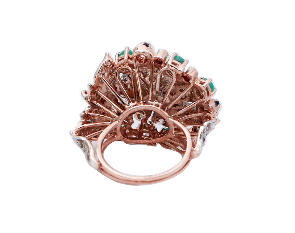 Retro Emeralds, Rubies, Sapphires, Diamonds, Pearl, 9 Kt Rose Gold and Silver Cocktail Ring