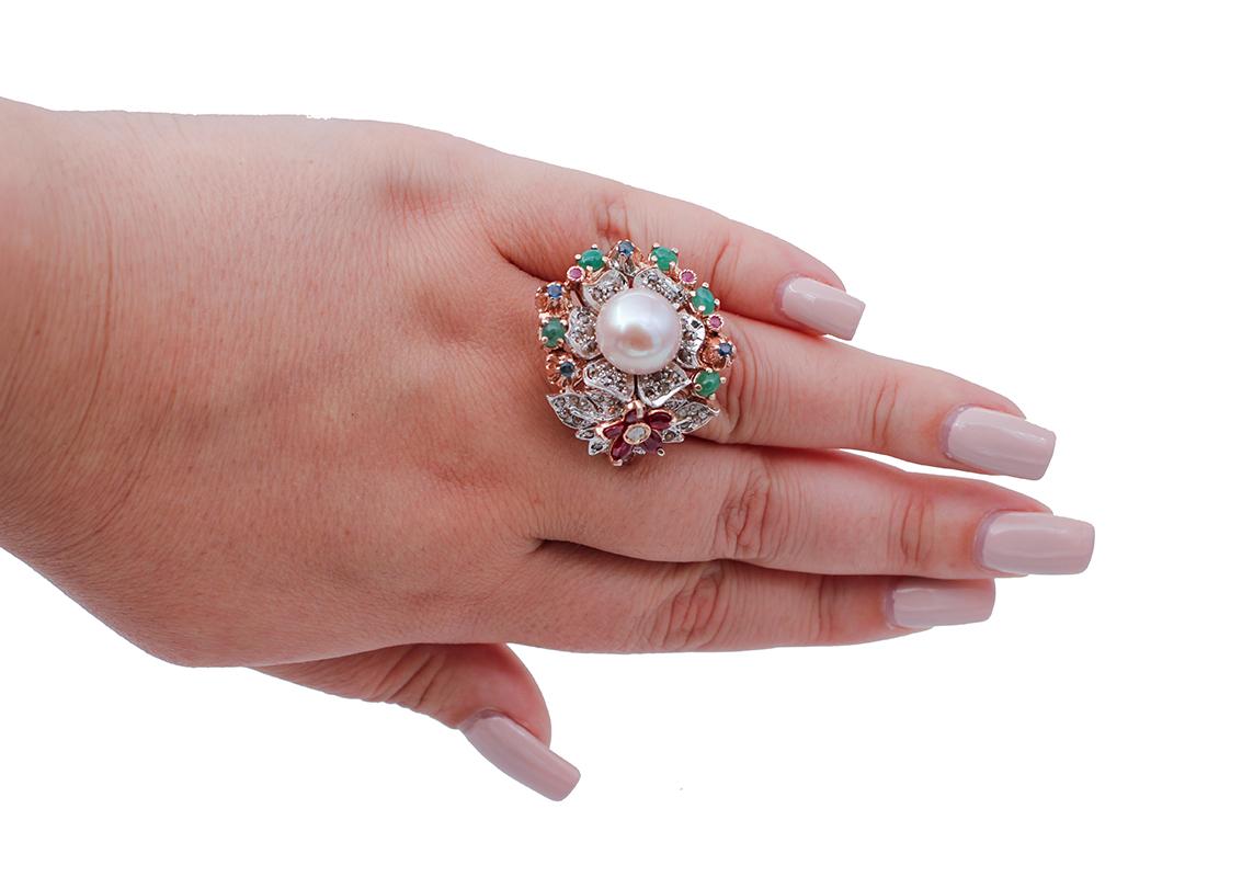 Emeralds, Rubies, Sapphires, Diamonds, Pearl, 9 Kt Rose Gold and Silver Cocktail Ring In Good Condition In Marcianise, Marcianise (CE)