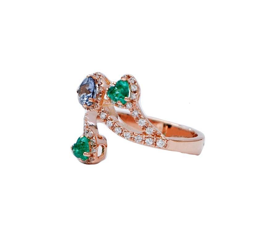 Modern Emeralds, Sapphire, Diamonds, 18 Karat Rose Gold Ring For Sale