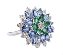 Emeralds, Sapphires, Diamonds, 14 Karat White Gold Flower Shape Ring