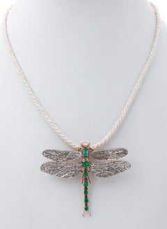 Emeralds, Sapphires, Diamonds 9Kt Gold and Silver Shape Dragonfly Pendant/Brooch