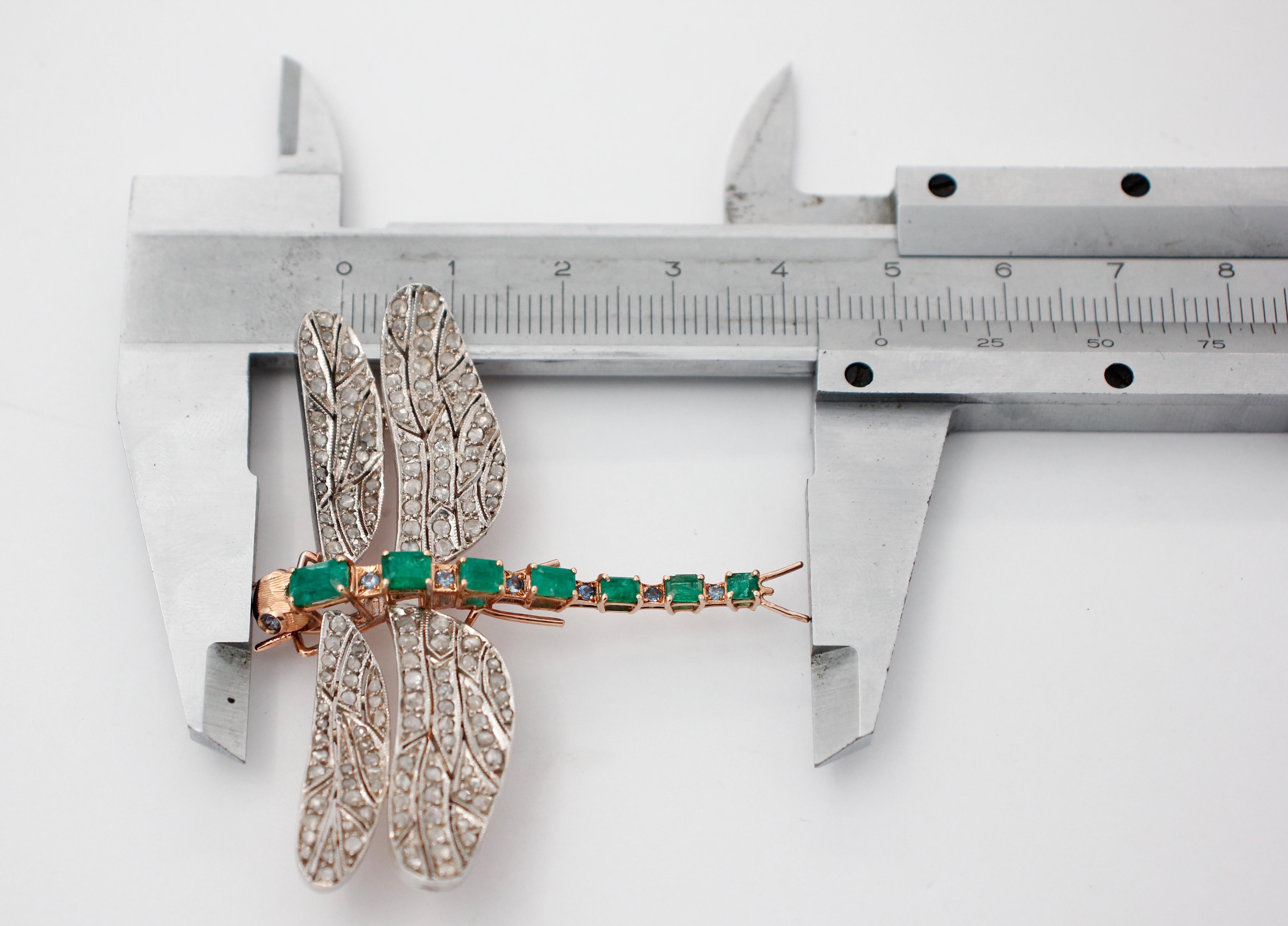 Mixed Cut Emeralds, Sapphires, Diamonds 9Kt Gold and Silver Shape Dragonfly Pendant/Brooch