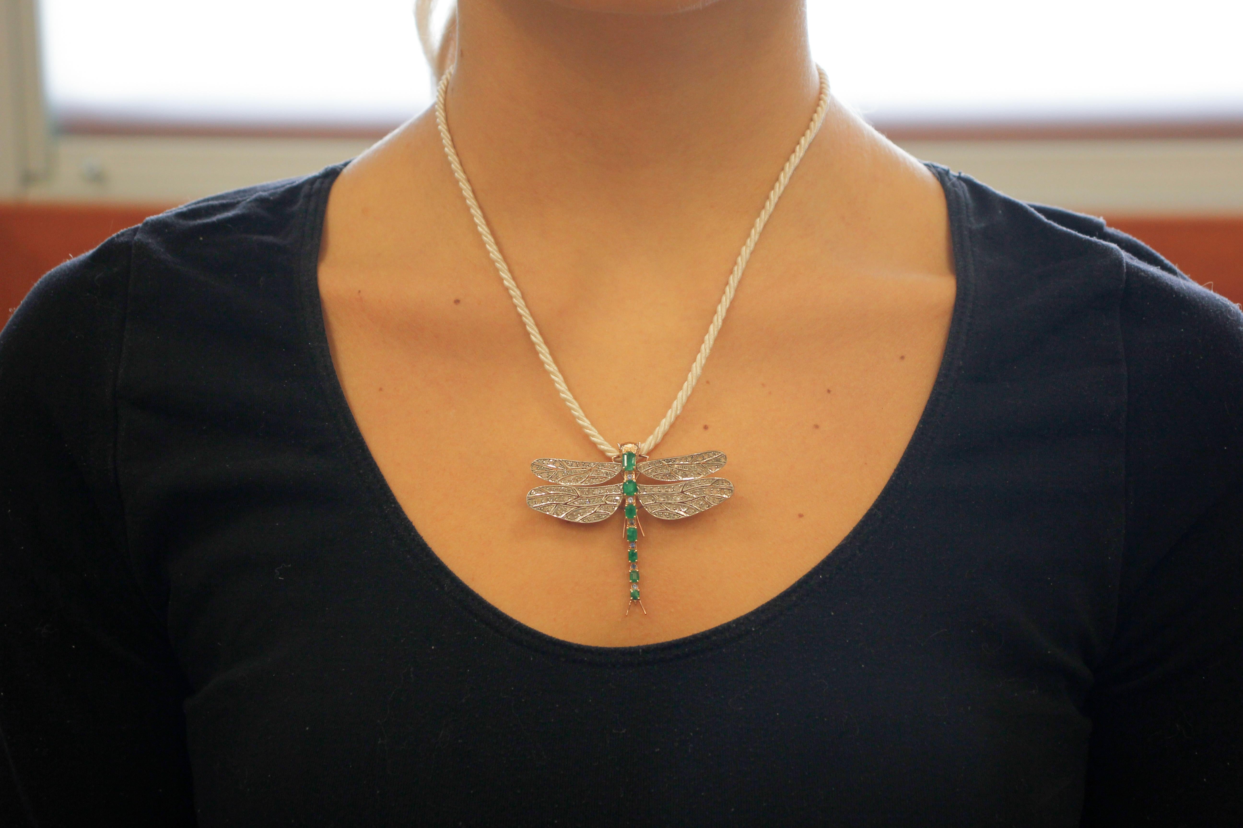 Women's Emeralds, Sapphires, Diamonds 9Kt Gold and Silver Shape Dragonfly Pendant/Brooch