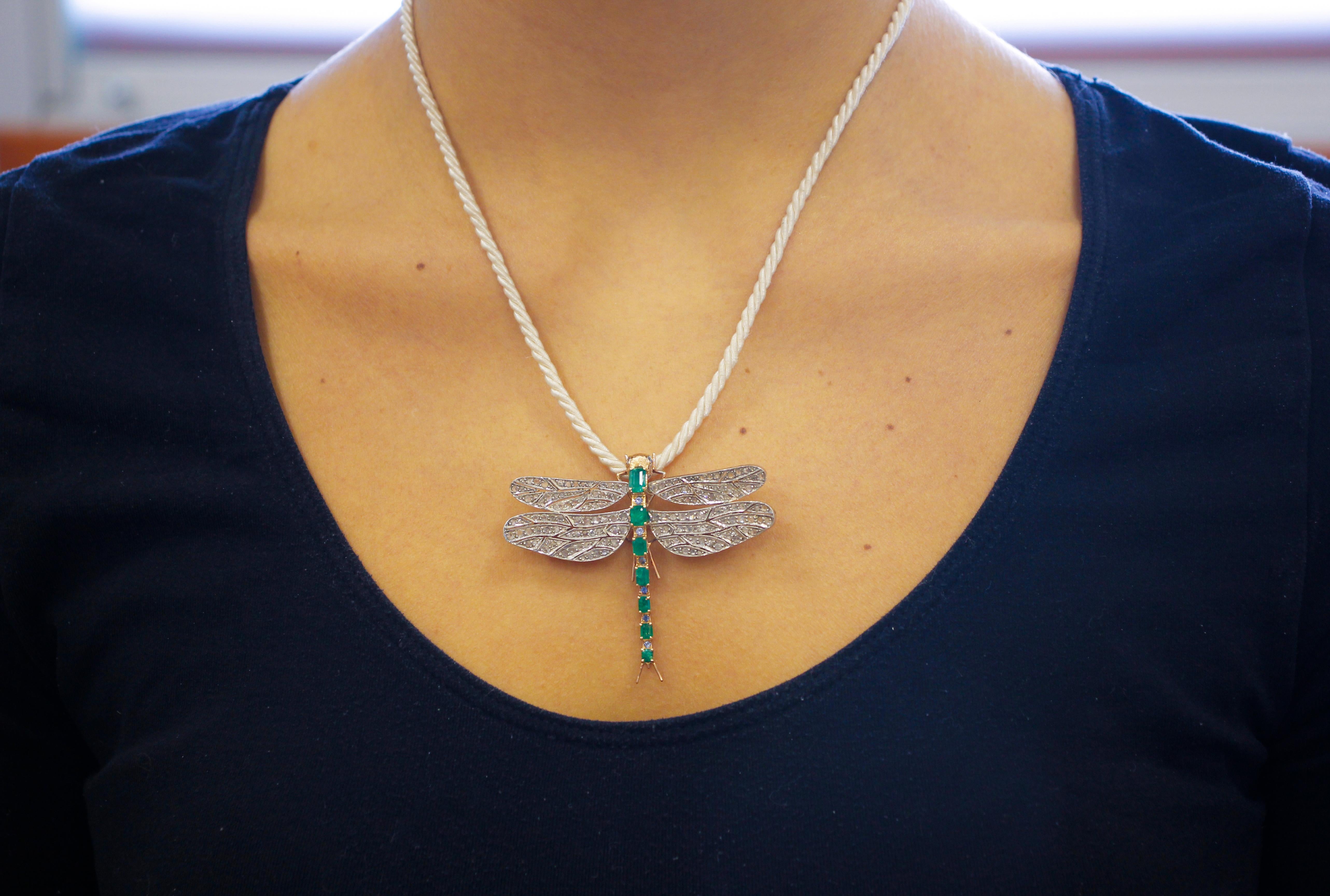 Emeralds, Sapphires, Diamonds 9Kt Gold and Silver Shape Dragonfly Pendant/Brooch 1