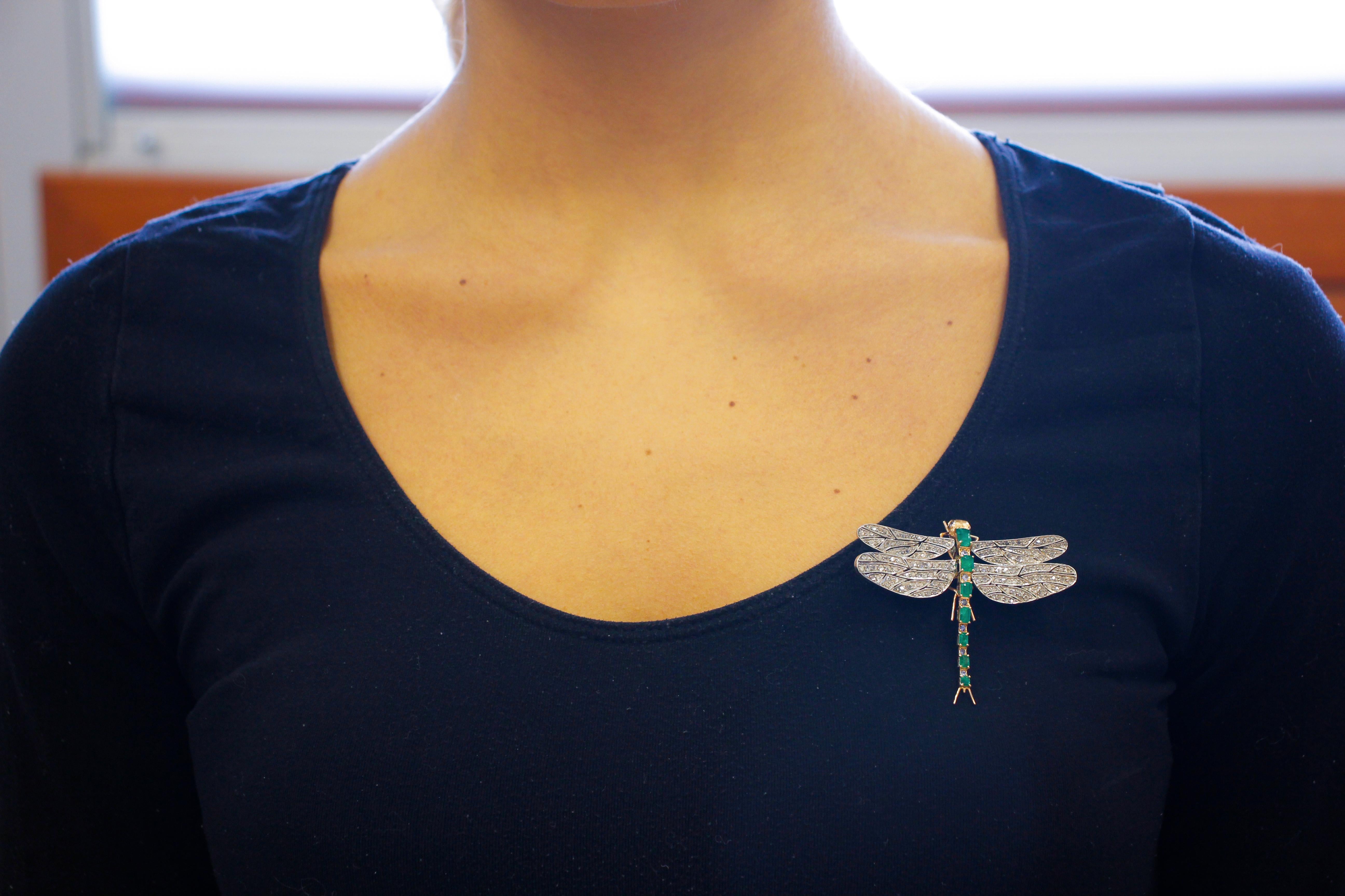 Emeralds, Sapphires, Diamonds 9Kt Gold and Silver Shape Dragonfly Pendant/Brooch 2