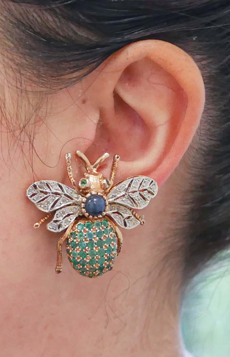 Mixed Cut Emeralds, Sapphires, Diamonds, Rose Gold and Silver Fly Shape Earrings