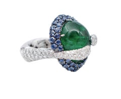 Emeralds, Sapphires, White Diamonds 18 Karat White Gold Cluster Ring