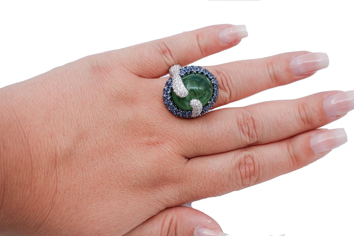Mixed Cut Emeralds, Sapphires, White Diamonds 18 Karat White Gold Cluster Ring For Sale