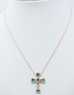 Emeralds, White Diamonds, 18 Karat Rose Gold Cross Pendant Necklace