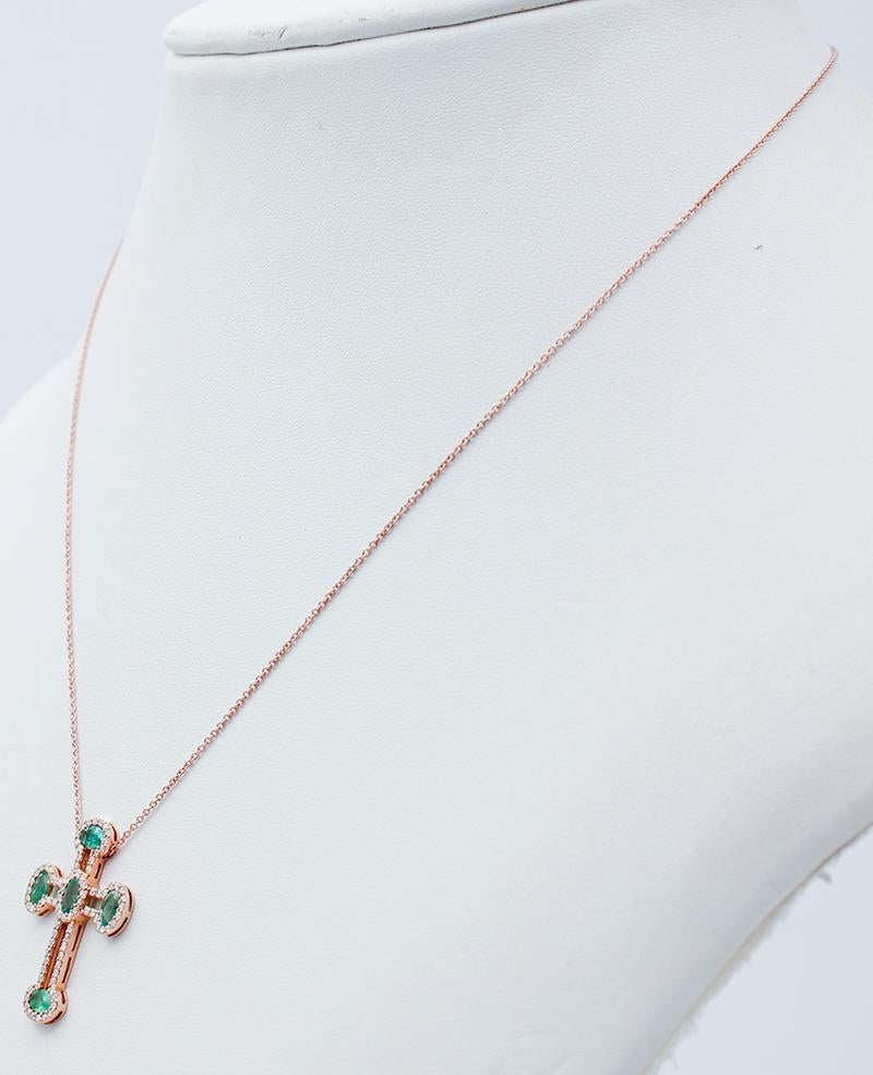 Modern Emeralds, White Diamonds, 18 Karat Rose Gold Cross Pendant Necklace