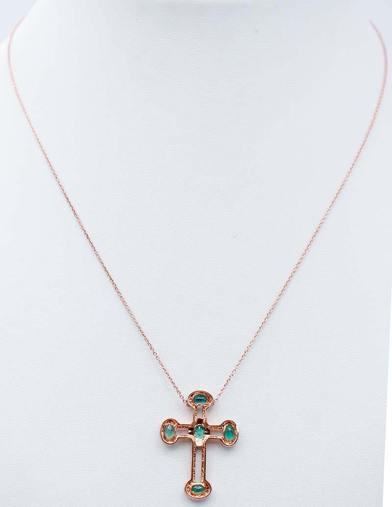 Mixed Cut Emeralds, White Diamonds, 18 Karat Rose Gold Cross Pendant Necklace
