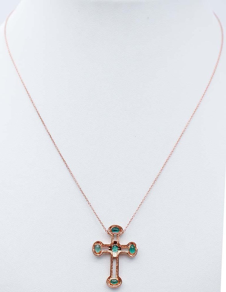 Emeralds, White Diamonds, 18 Karat Rose Gold Cross Pendant Necklace at