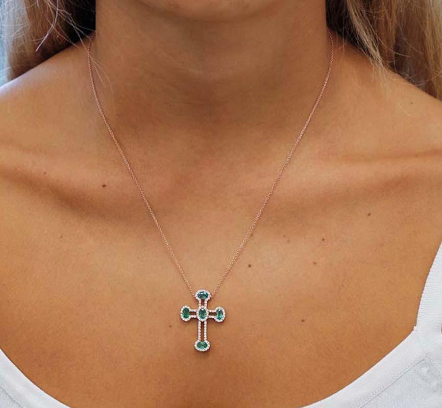 Women's Emeralds, White Diamonds, 18 Karat Rose Gold Cross Pendant Necklace