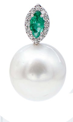 Emeralds, White Pearls, White Diamonds, 14 Karat White Gold Stud Earrings