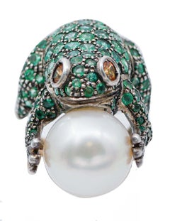 Emeralds, Yellow Sapphires, Pearl, Rose Gold and Silver Frog Shape Ring
