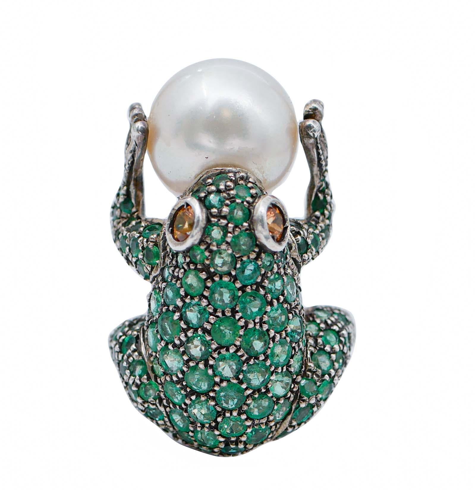 Retro Emeralds, Yellow Sapphires, Pearl, Rose Gold and Silver Frog Shape Ring