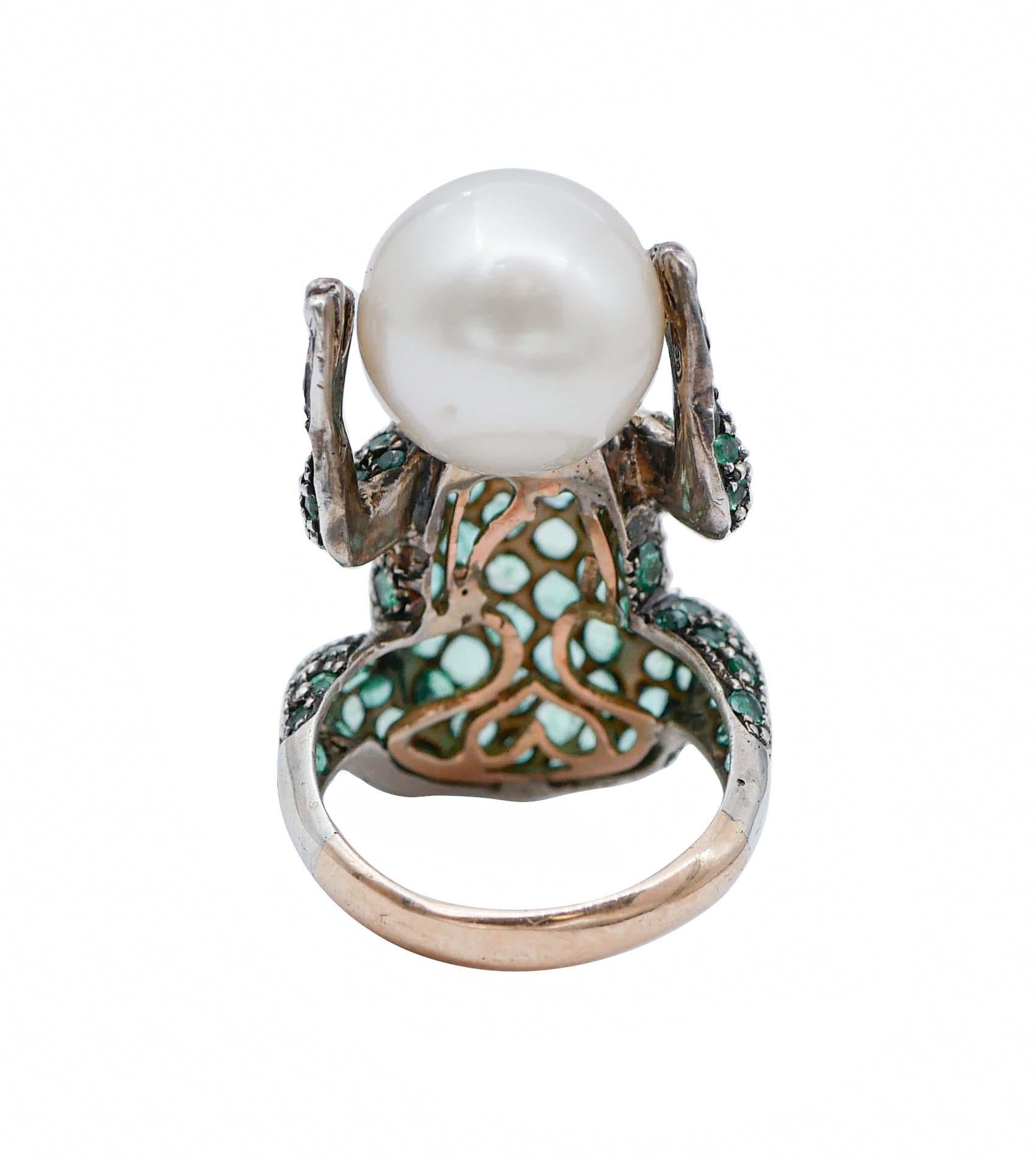Mixed Cut Emeralds, Yellow Sapphires, Pearl, Rose Gold and Silver Frog Shape Ring
