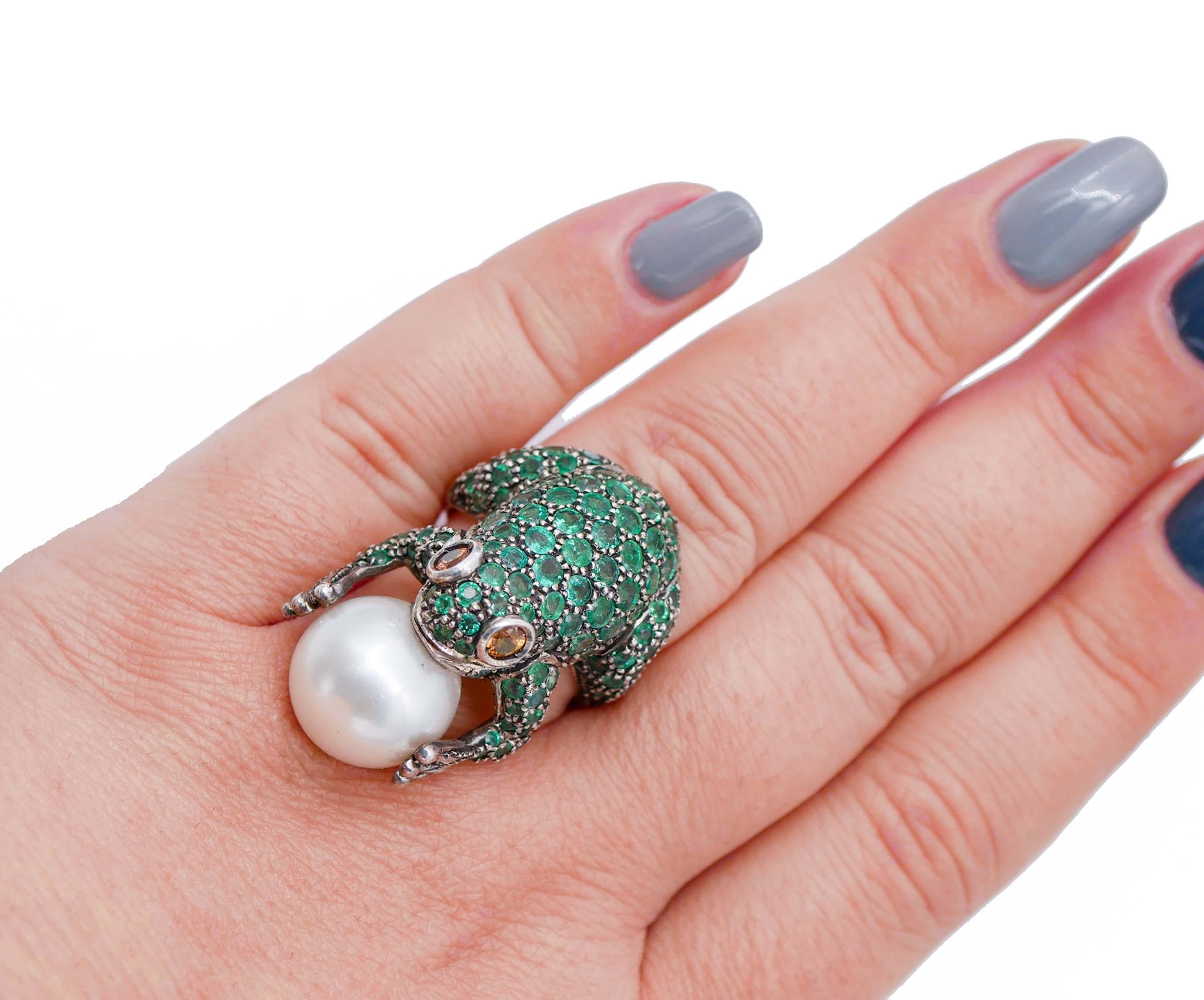 Women's Emeralds, Yellow Sapphires, Pearl, Rose Gold and Silver Frog Shape Ring