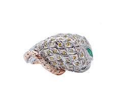 Emerald, Yellow and Black Diamonds, Rose Gold and Silver Snake Shape Ring