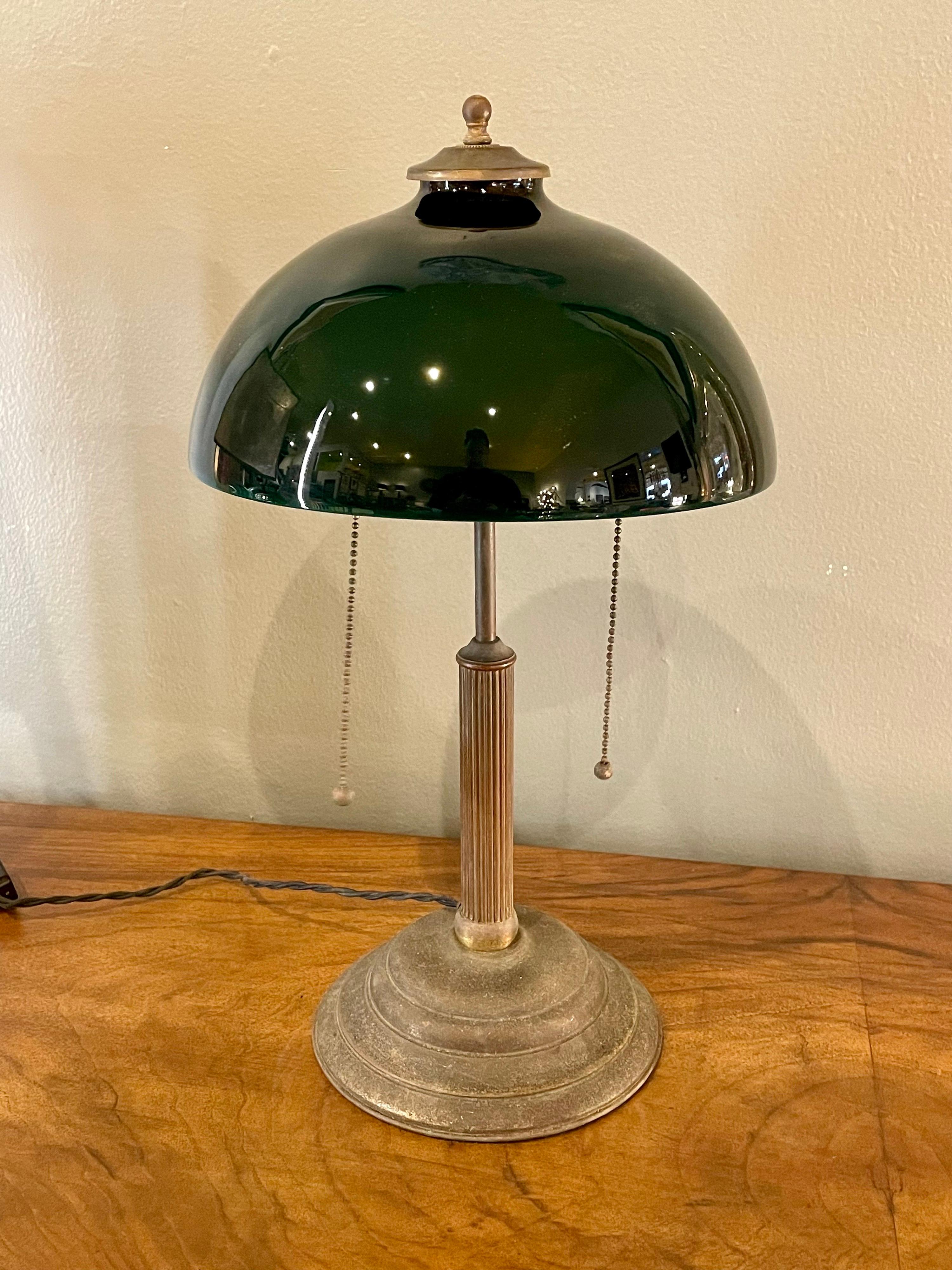 20th Century Emeralite Bankers Desk Lamp with Cased Glass Shade American Arts & Crafts