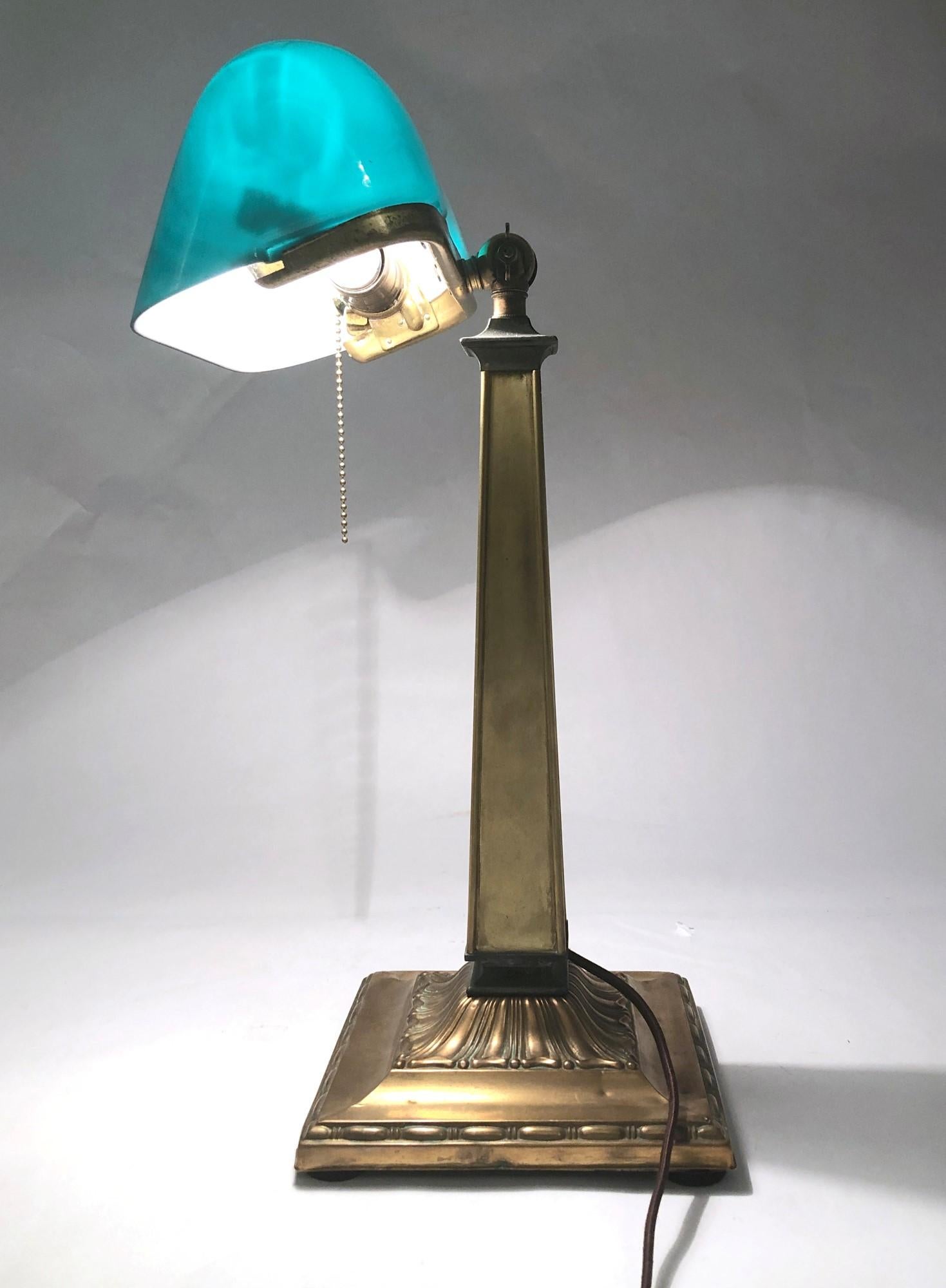 Emeralite Bankers Desk Lamp with Green Glass Shade and Decorative Brass Base 2
