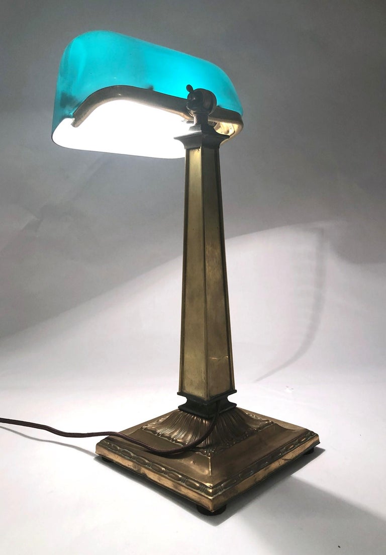 Emeralite Bankers Desk Lamp with Green Glass Shade and Decorative Brass Base