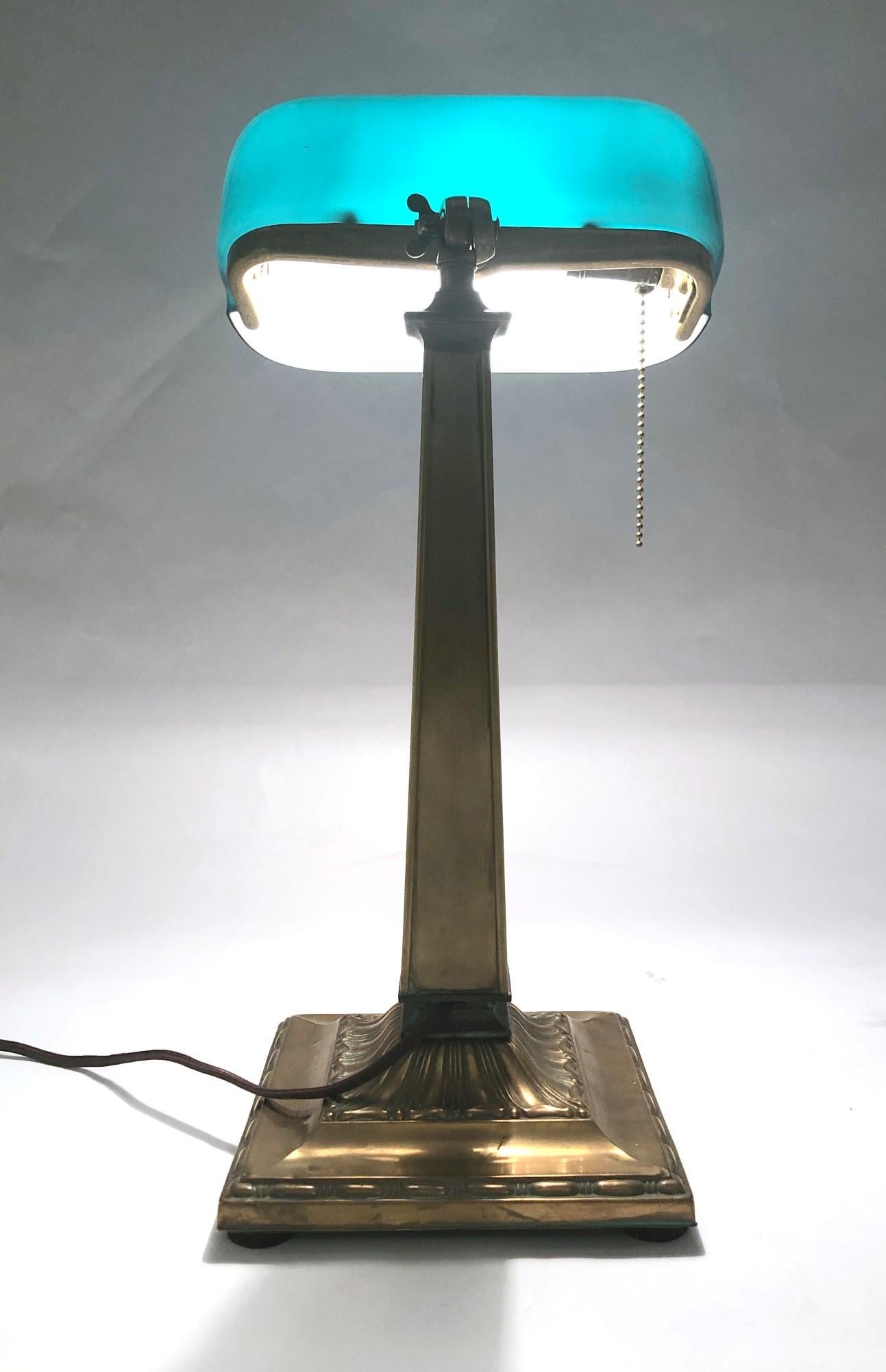 Emeralite Bankers Desk Lamp with Green Glass Shade and Decorative Brass Base 4