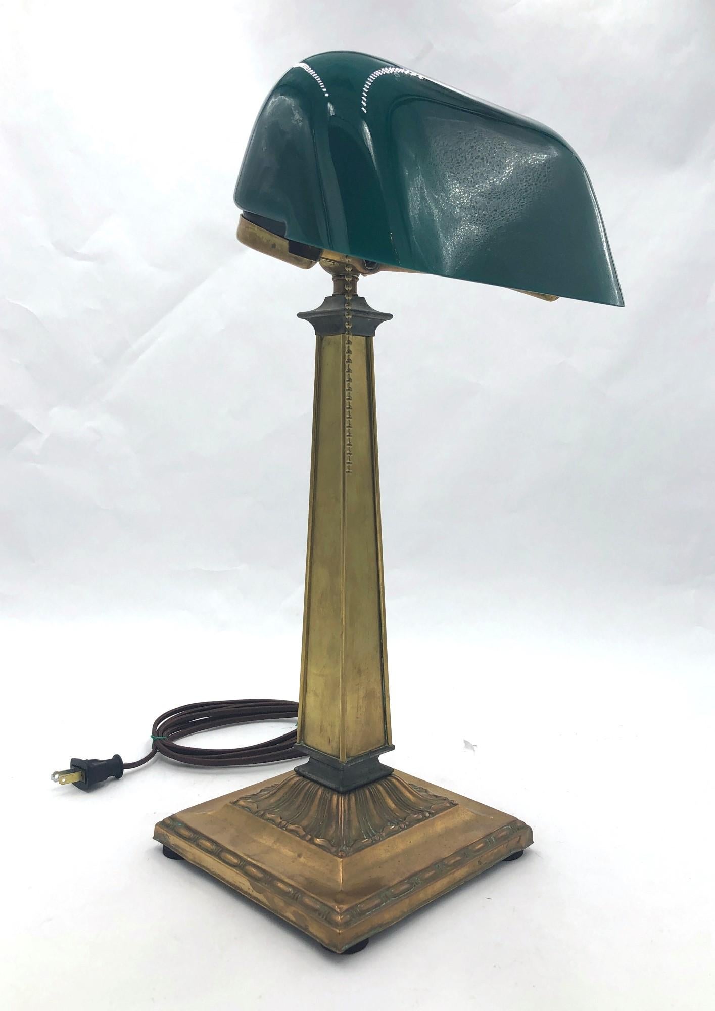 American Emeralite Bankers Desk Lamp with Green Glass Shade and Decorative Brass Base