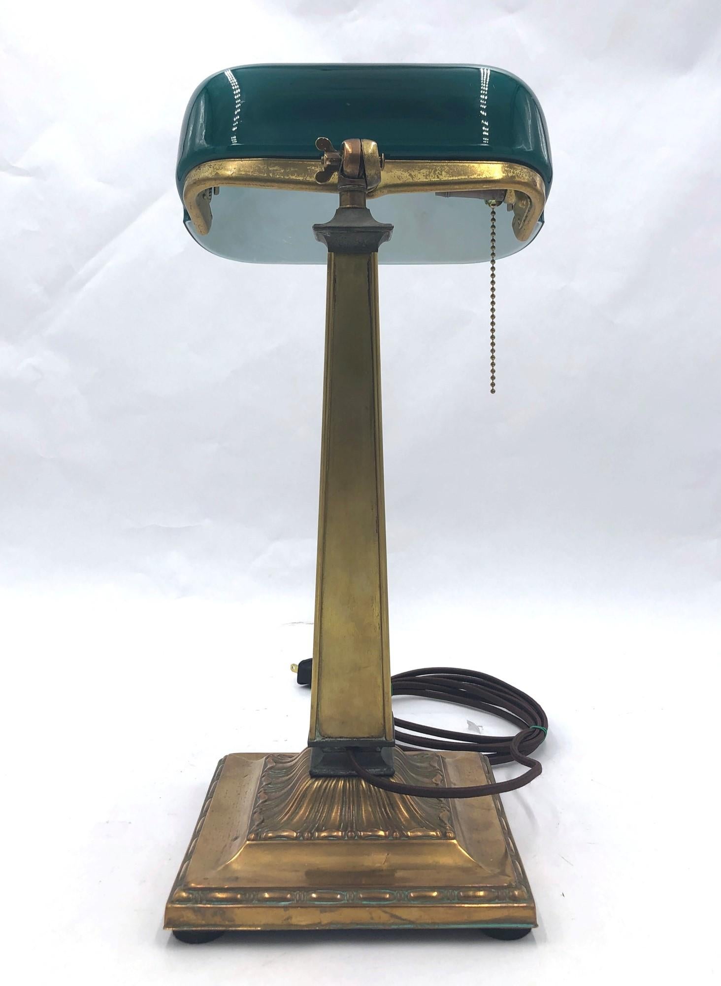 20th Century Emeralite Bankers Desk Lamp with Green Glass Shade and Decorative Brass Base