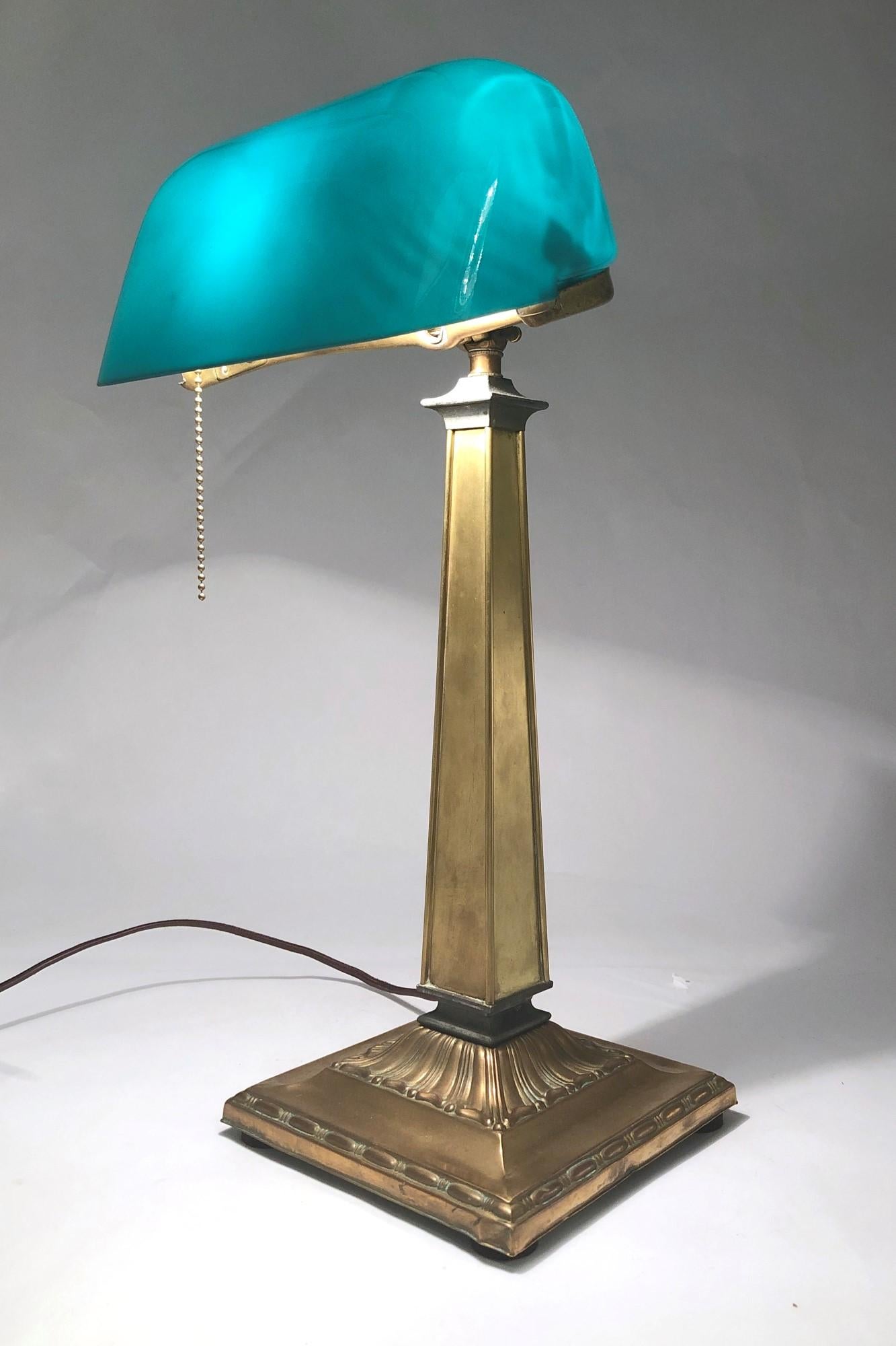 Emeralite Bankers Desk Lamp with Green Glass Shade and Decorative Brass Base 1