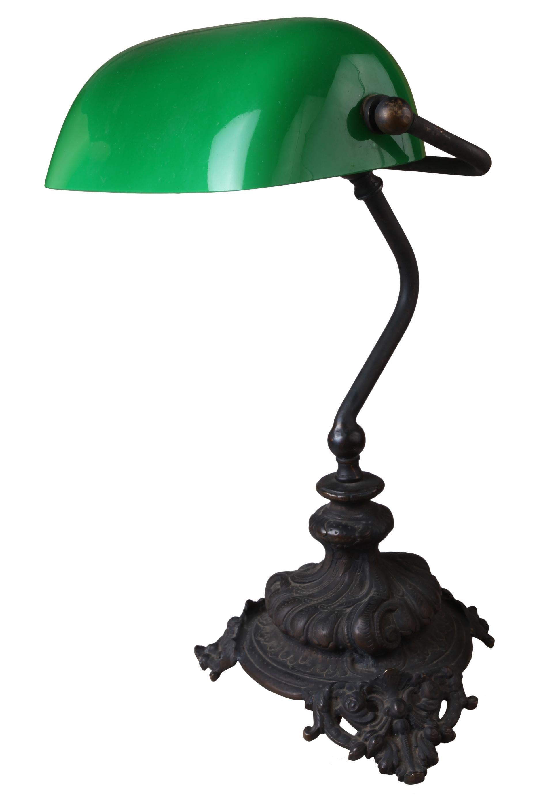 Emeralite Green Case Glass Shade Adjustable Desk Lamp In Good Condition In Nantucket, MA