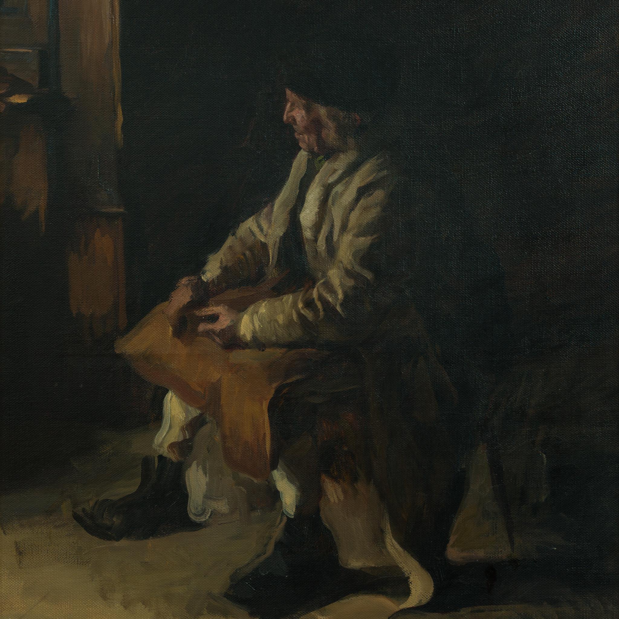 This masterfully executed painting by Emerik Stenberg (1873–1927) captures an intimate and atmospheric moment. The composition features a seated man, engrossed in his daily chores, bathed in soft daylight filtering through a window. The subdued