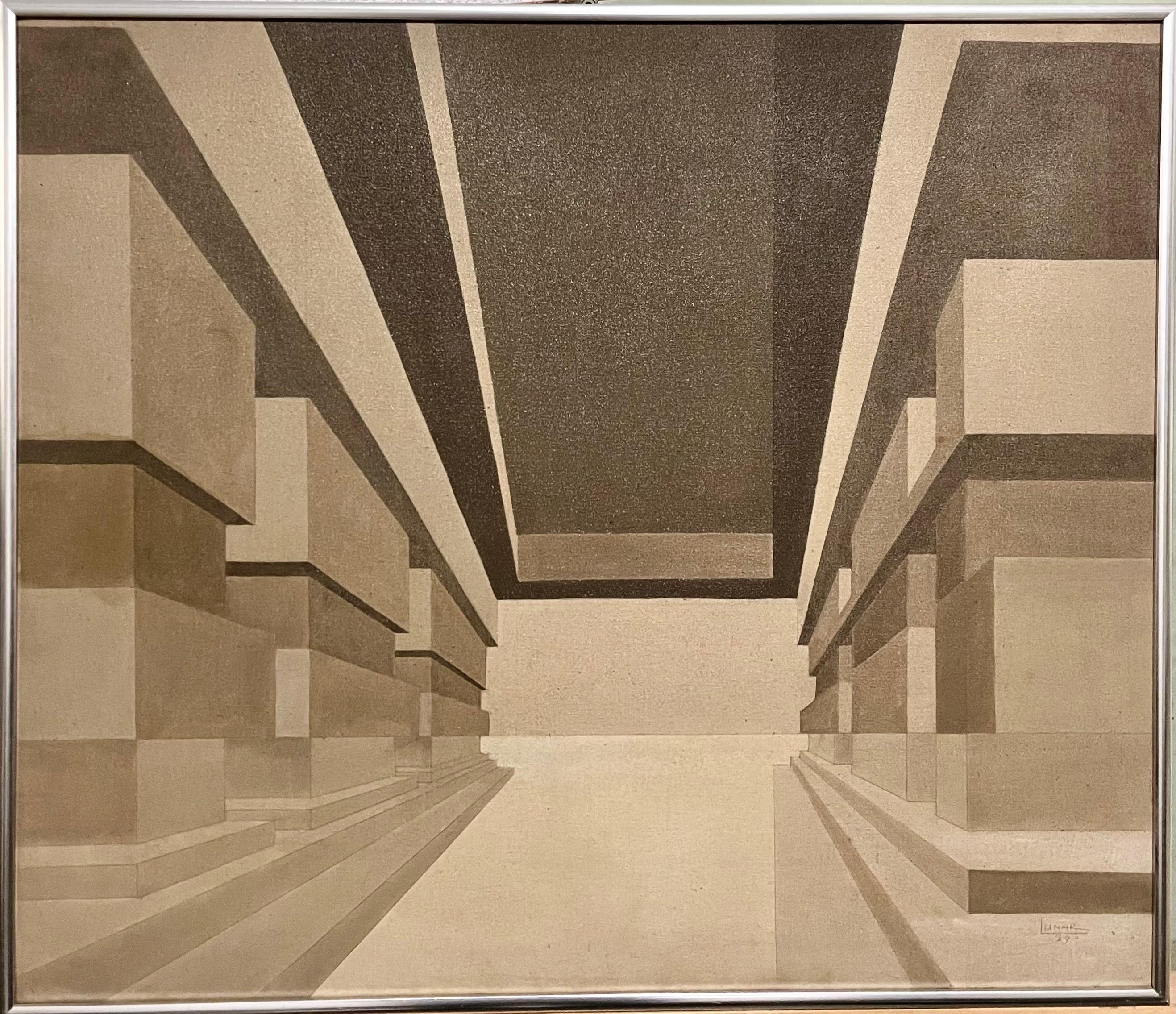 Surrealismo venezuelano Pittura architettonica a olio Emerio Lunar Arte latinoamericana - Painting di Emerio Dario Lunar