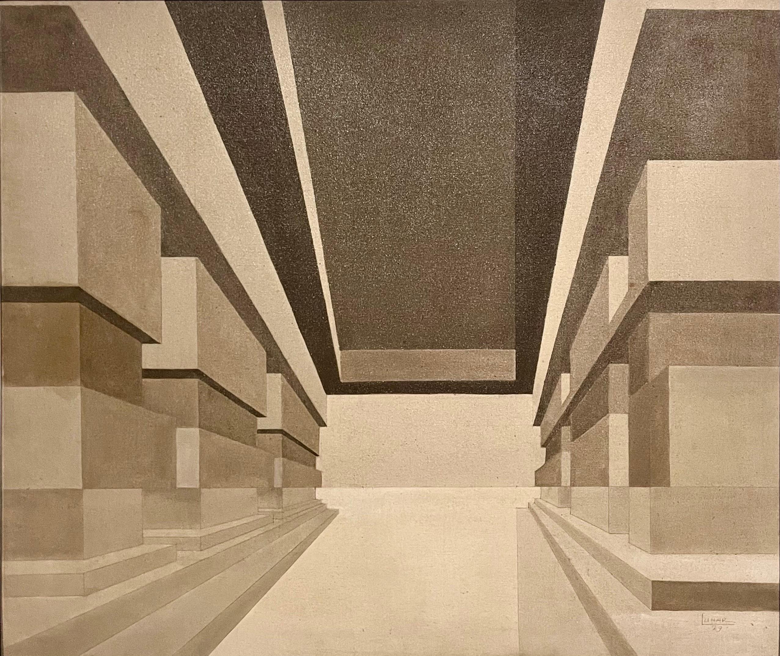 Figurative Painting di Emerio Dario Lunar - Surrealismo venezuelano Pittura architettonica a olio Emerio Lunar Arte latinoamericana