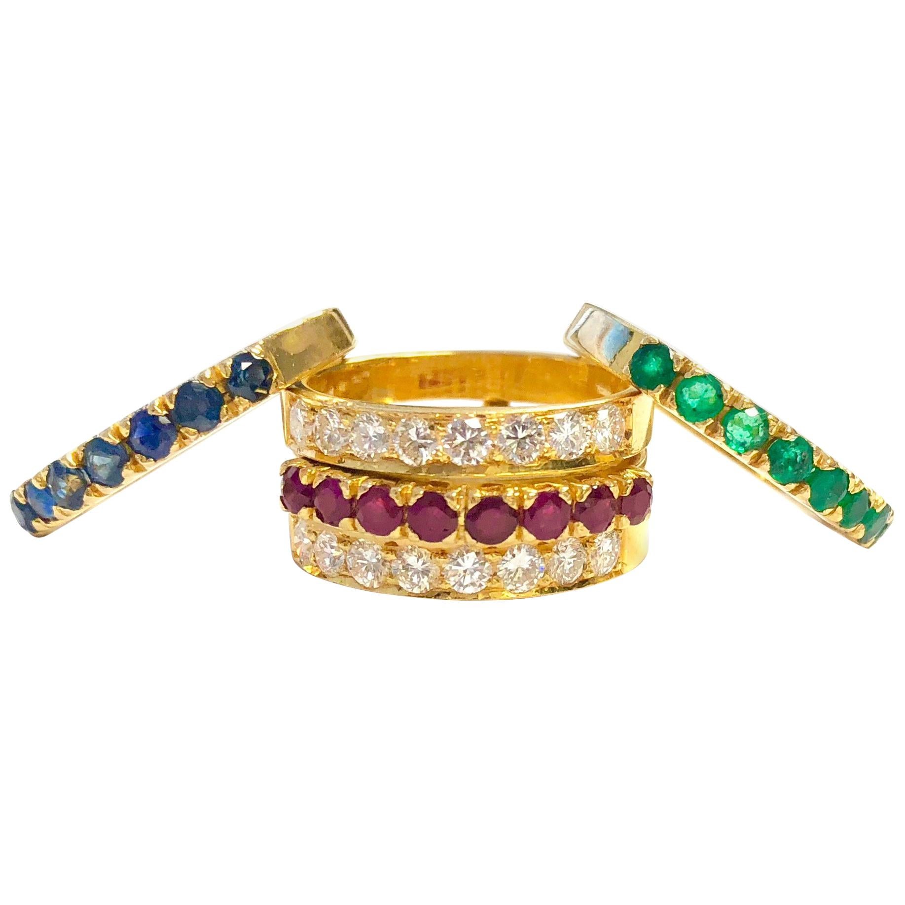 Emerald Ruby Sapphire Diamond High Karat Gold Interchangeable Ring Band Set