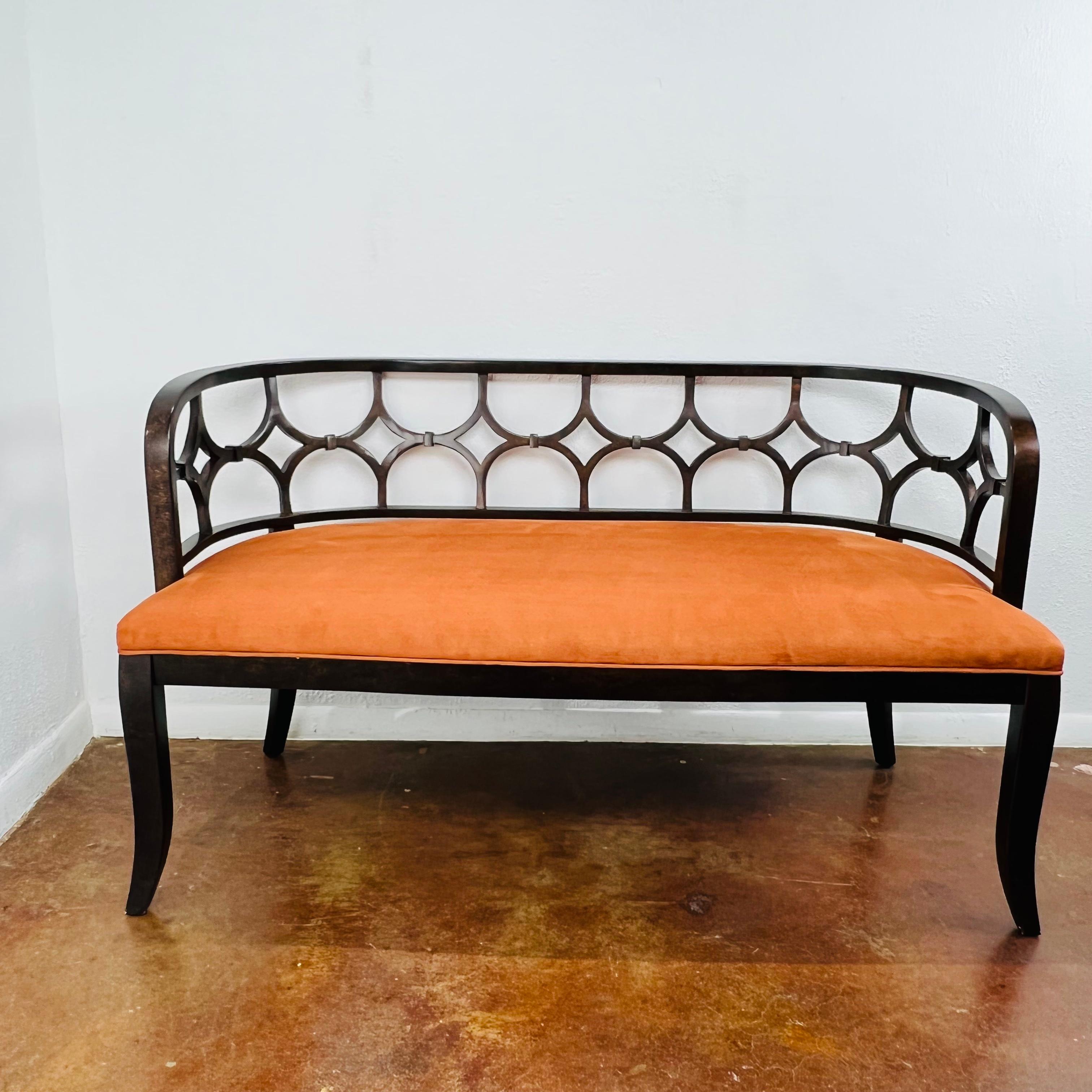 From the Emerson Bentley Churchill Collection, this sophisticated settee features a carved kiln-dried maple frame with premium cushion upholstered in burnt orange suede upholstery. Created with extreme attention to detail, this versatile piece can