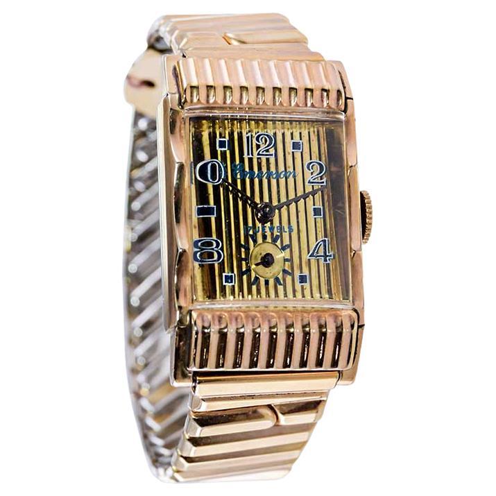 FACTORY / HOUSE: Emerson
STYLE / REFERENCE: Art Deco
METAL / MATERIAL: 
CIRCA / YEAR: 
DIMENSIONS / SIZE: Length 37mm X Width 21mm
MOVEMENT / CALIBER: Manual Winding / 17 Jewels 
DIAL / HANDS:
ATTACHMENT / LENGTH:  Alligator, 18mm / Regular Length