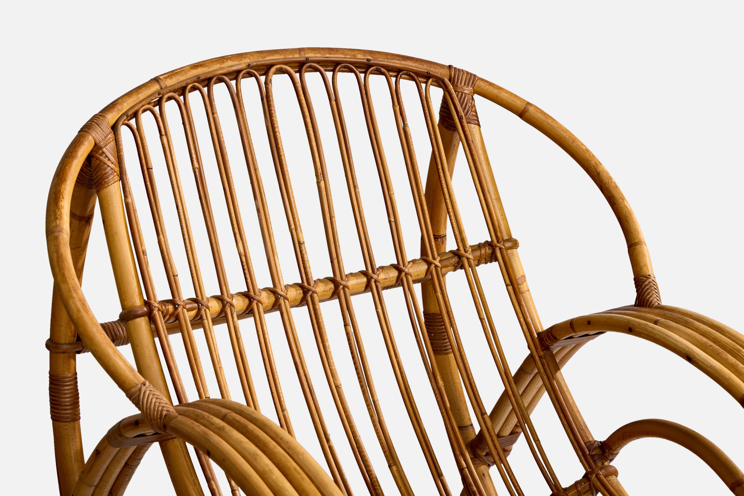 Emerson Rattan Co., Chaise Longue mecedora, bambú, ratán, EE.UU., años 50 Bambú en venta