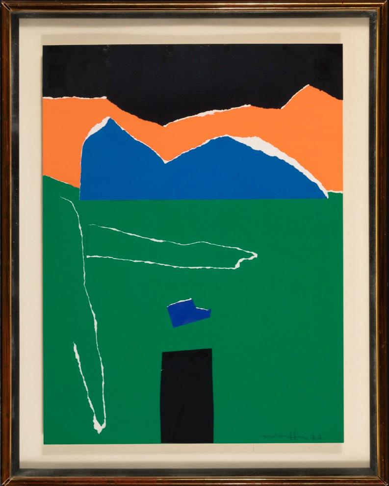 UNTITLED 1977, Collage de papel, 29" x 23" enmarcado en naranja, verde, azul y negro - Mixed Media Art de Emerson Woelffer