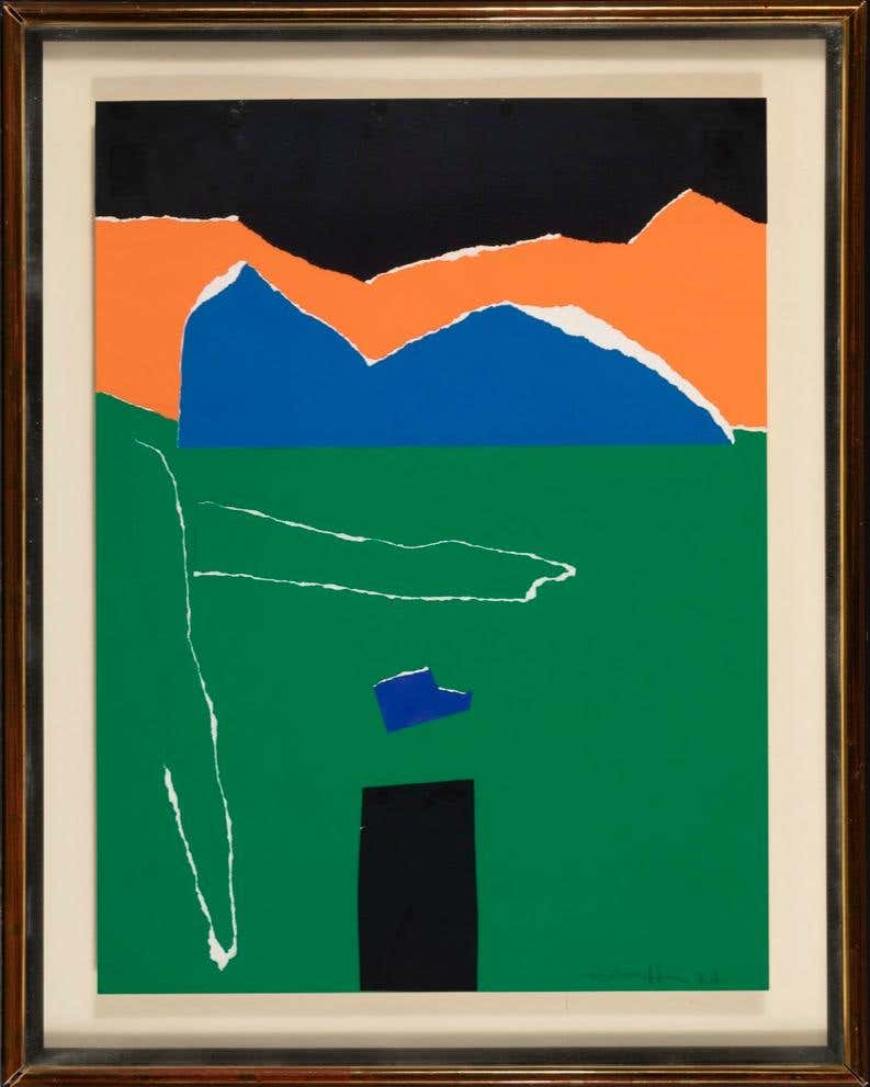 UNTITLED 1977, Paper Collage, 29" x 23" framed orange, green, blue and black