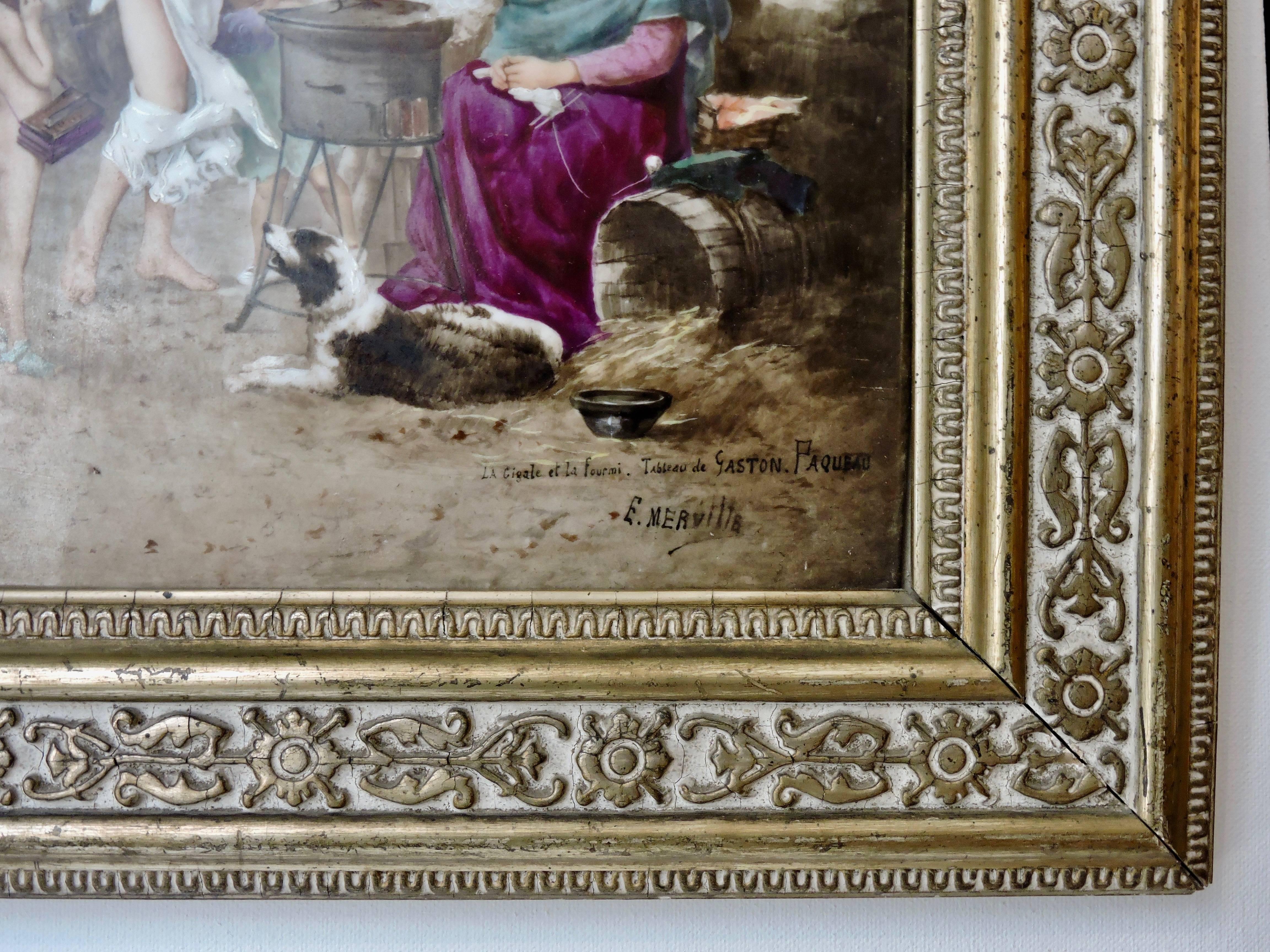 Hand-Painted E.Merville Painting on Porcelain La Cigale et La Fourmi 