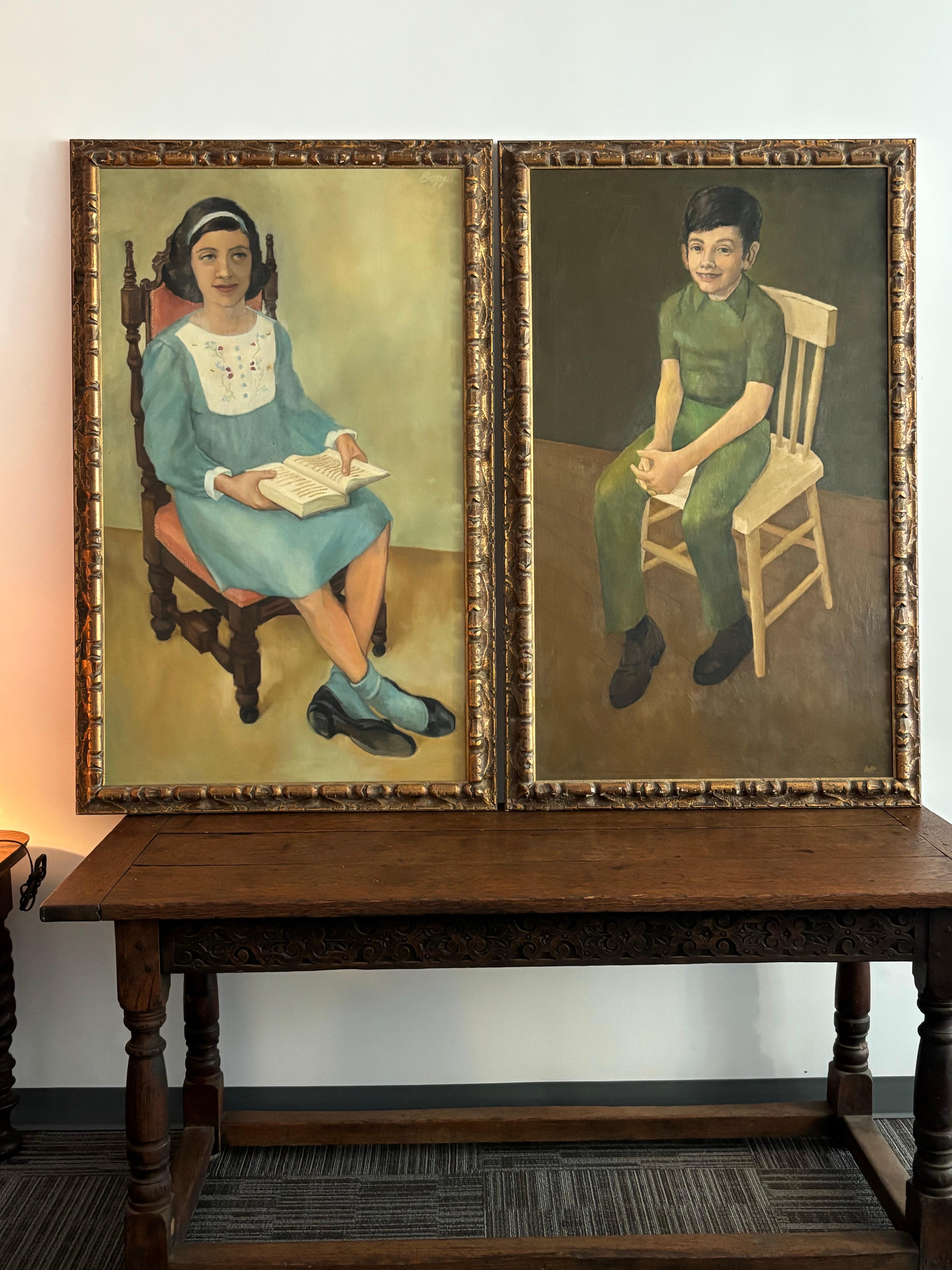Emery Bopp American Painter 1924-2007 Pair of Sibling Portraits done around 1970.  Paintings were done for a Canton Ohio Family.  Unique Paintings that evoke a bit of the American Gothic Vibe.  Daughter grew up to be a Singer and Brother has been a