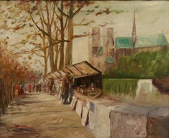 Antique Impressionist Paris Book Seller Landscape