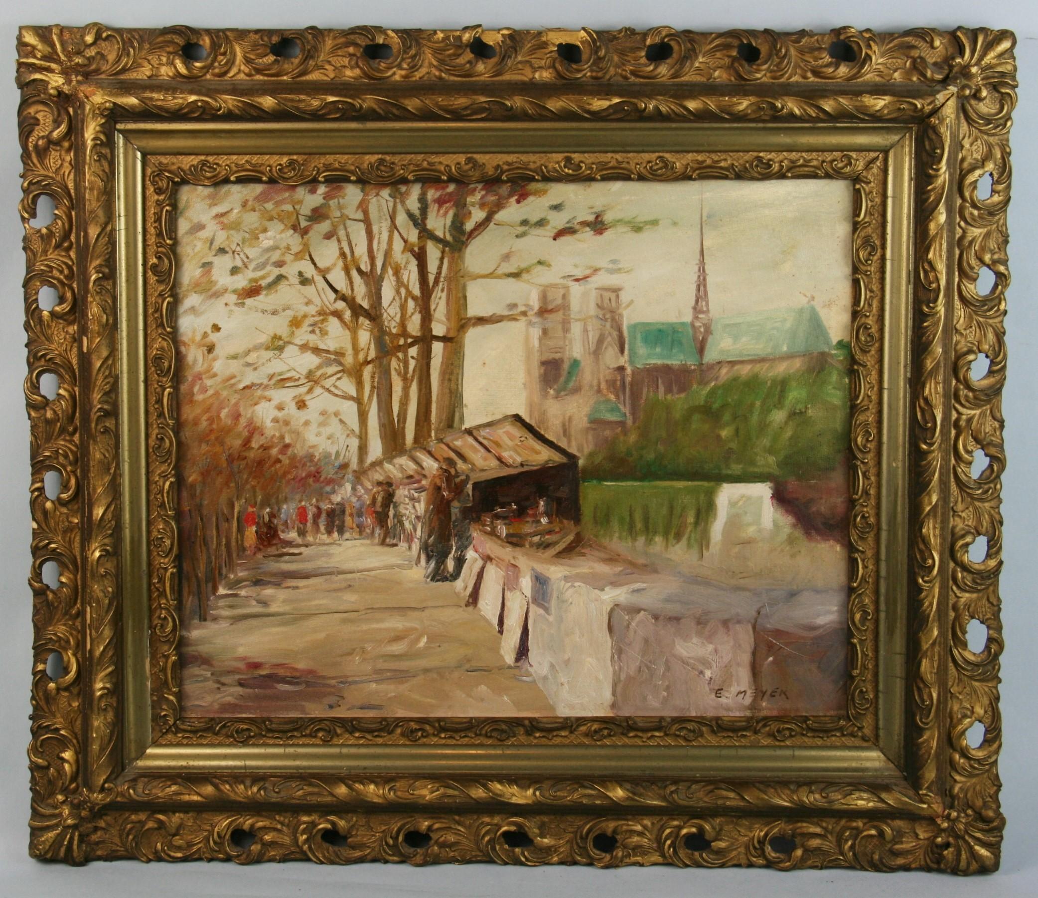 E.Meyer Landscape Painting - Antique Impressionist Paris Book Seller Landscape