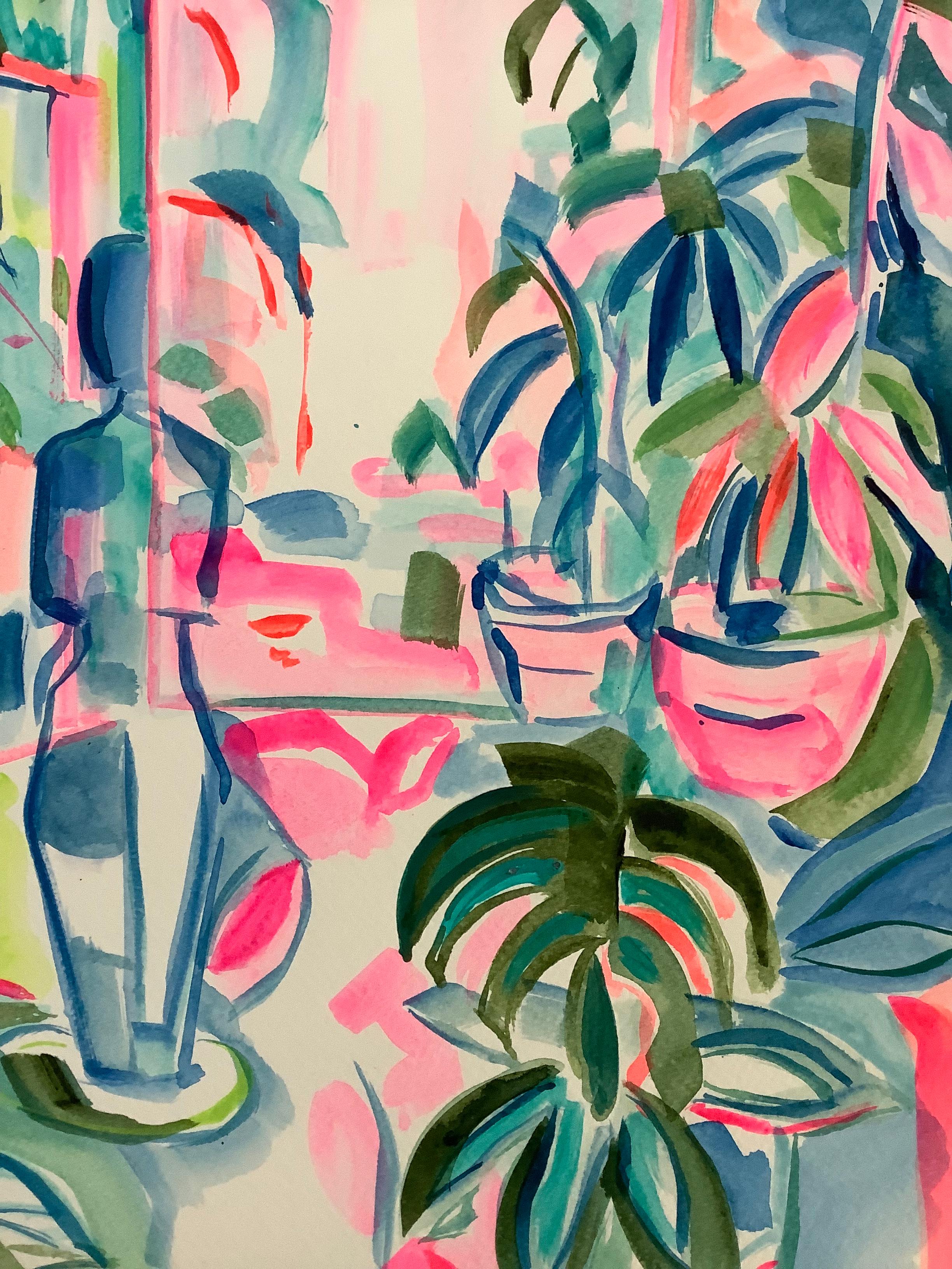 Back Yard, Acrylic on watercolour paper, 42x29cm, 2021 - Painting by Emi Avora