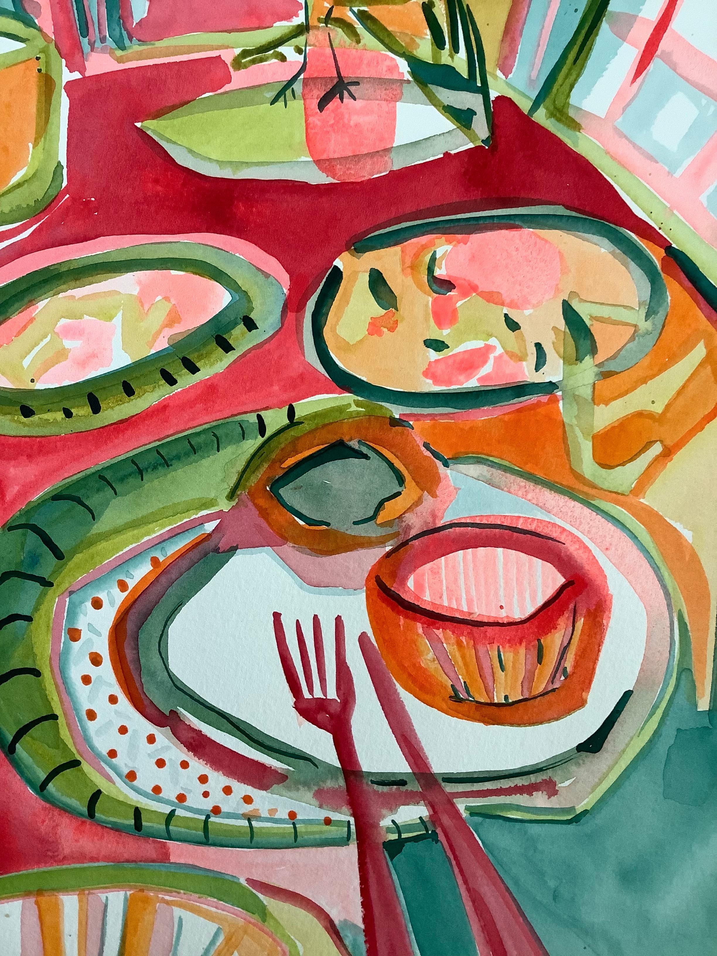 Breakfast leftovers, Acrylic on watercolour paper, 45.5x30.5cm, 2021 - Painting by Emi Avora