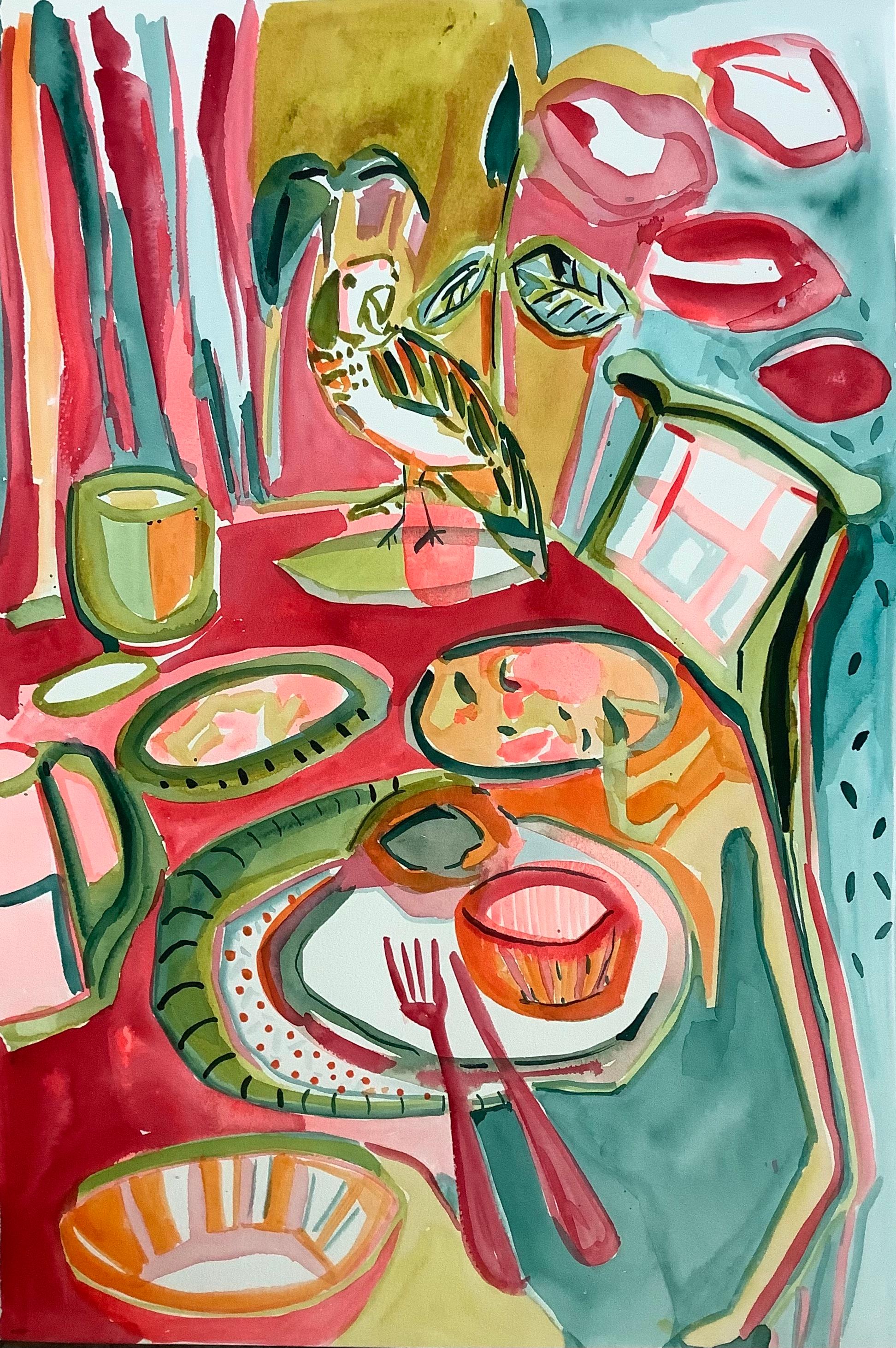 Emi Avora Figurative Painting - Breakfast leftovers, Acrylic on watercolour paper, 45.5x30.5cm, 2021